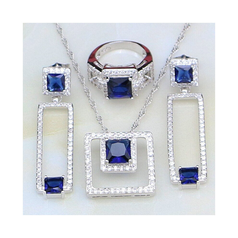 (Blue-6.5) Cubic Zirconia CZ Jewelry 925 Sterling Silver Bridal Jewelry Sets For Women Anniversary Earring-Pendant-Necklace-Ring