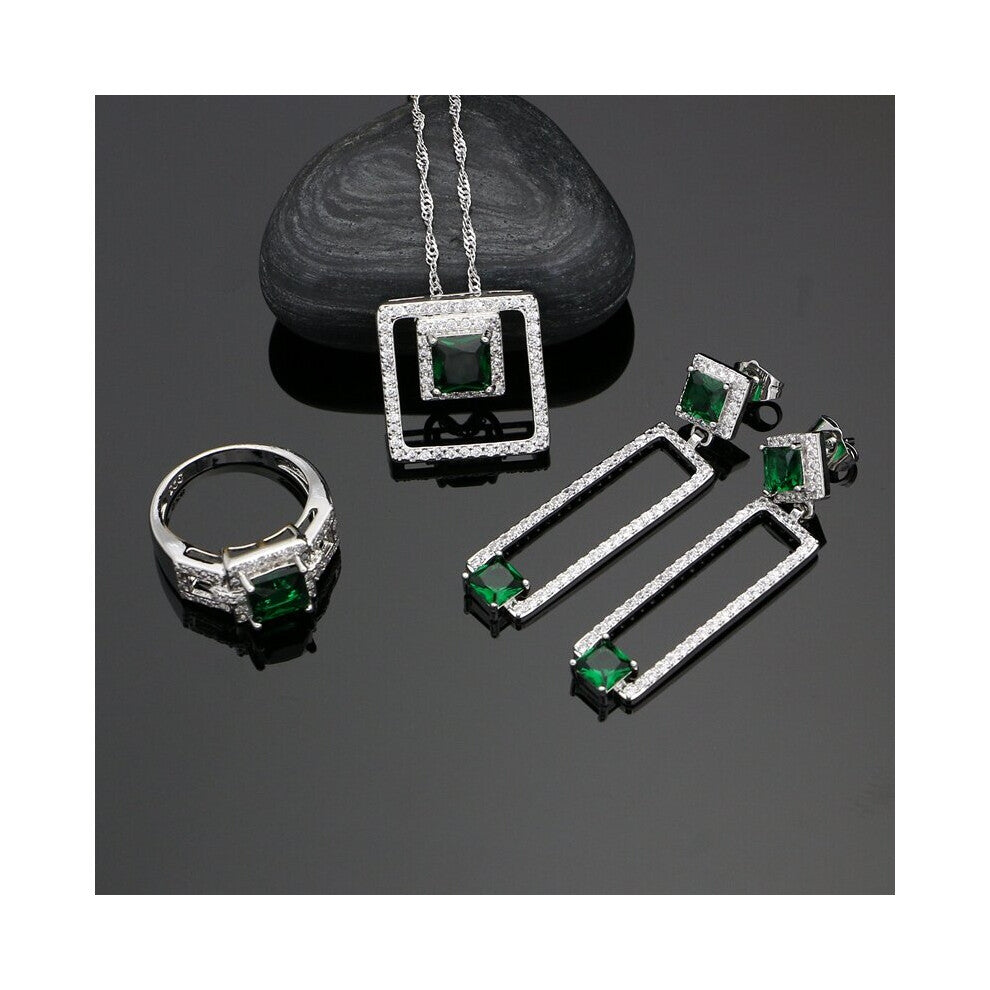Vintage Silver 925 Jewelry Green Cubic Zirconia Stone Jewelry Sets For Women Weeding Earrings-Pendant-Ring-Necklace Set
