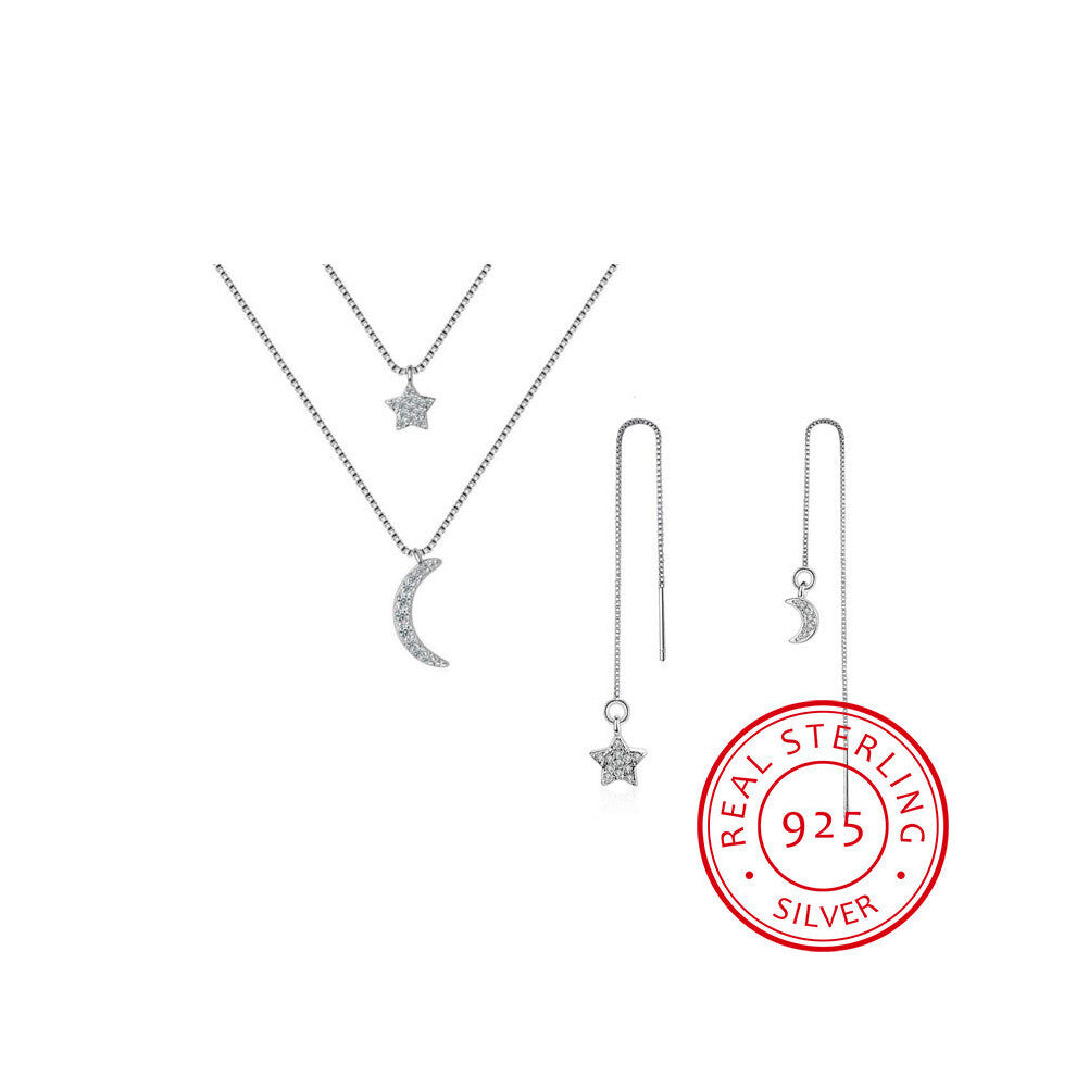 925 Sterling Silver Micro Zirconia Moon Star Short Necklace+Earrings Jewelry Sets For Women Girl Gift
