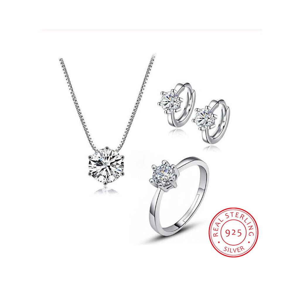 925 Sterling Silver Dazzling 6 Claws AAAAA Zirconia Necklace+Earrings+Ring Jewelry Sets For Women Wedding Jewelry