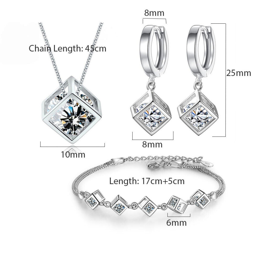 5 Style 925 Sterling Silver Jewelry Sets Zircon Square Cube Necklace+Earrings+Bracelet For Women Gift