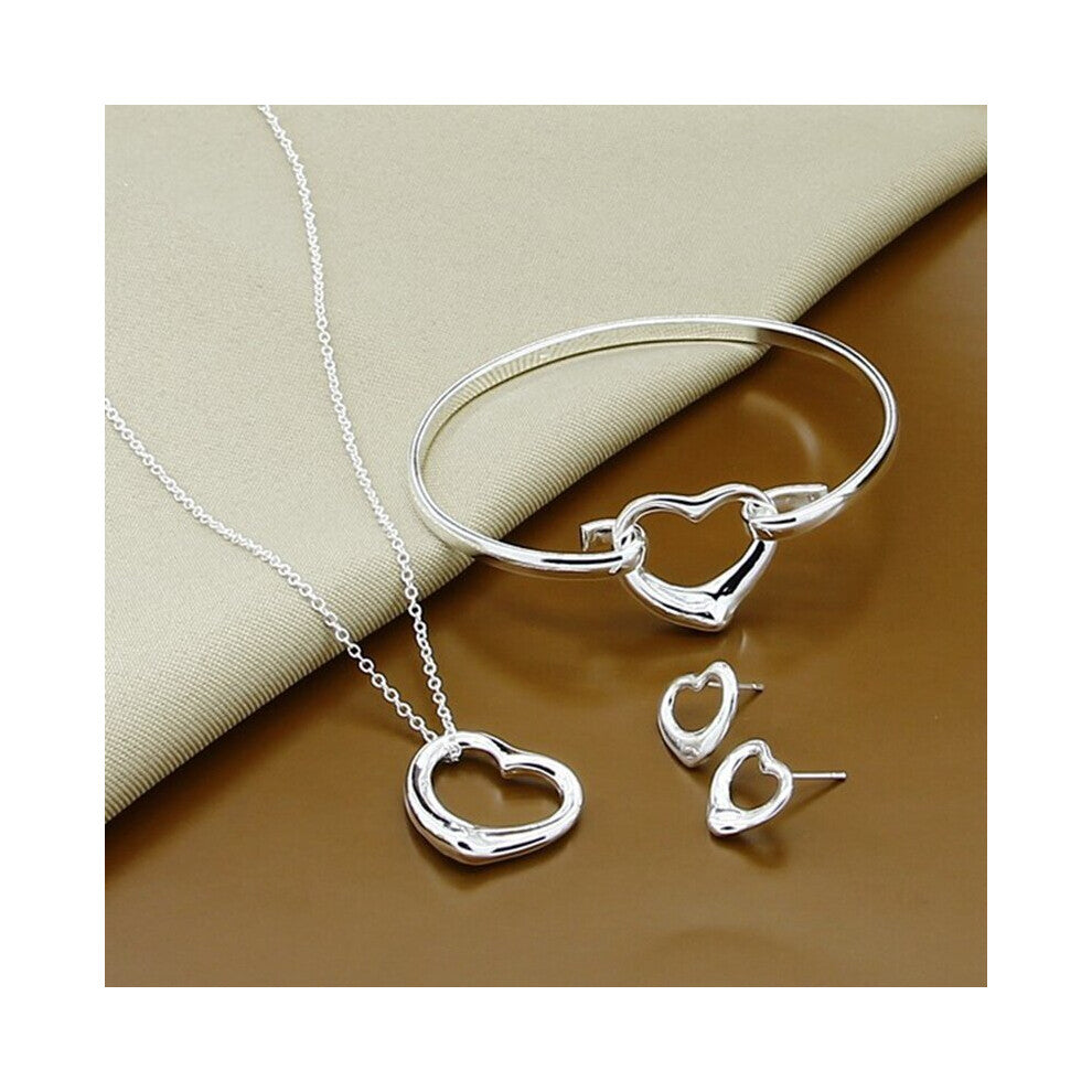 925 Sterling Silver Jewelry Set Heart Love Stud Earring-Necklace-Bangle for Women Girl Birthday Gift