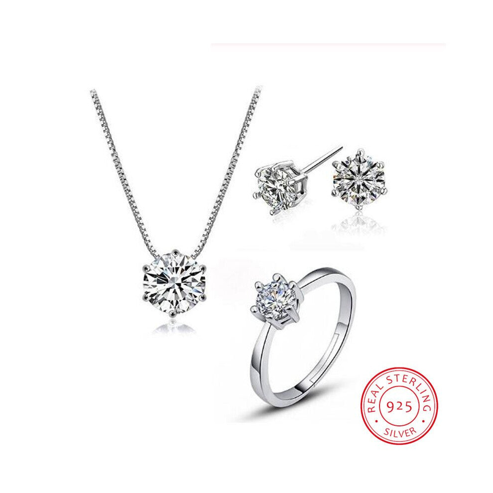 Classic 925 Sterling Silver Dazzling 6 Claws Zirconia Necklace+Earrings+Ring Jewelry Sets For Women Wedding Jewelry