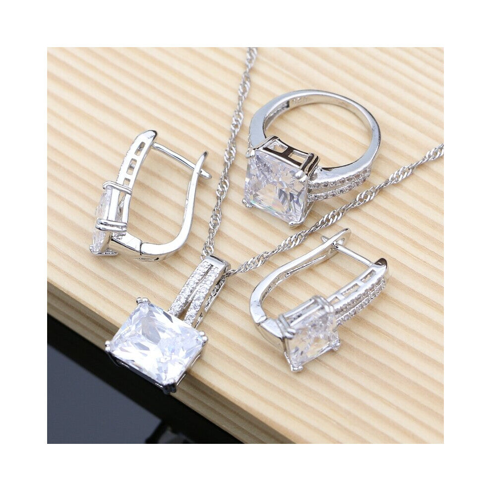 (White-5.5) 925 Sterling Silver Jewelry CZ Beads Jewelry Sets For Women Wedding Earrings-Pendant-Necklace-Rings