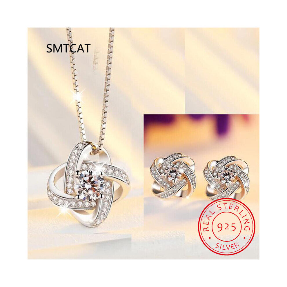925 Sterling Silver Jewelry Sets For Women Forever Love Twist Flower Zirconia Knot Necklace+Earrings Wedding Jewelry
