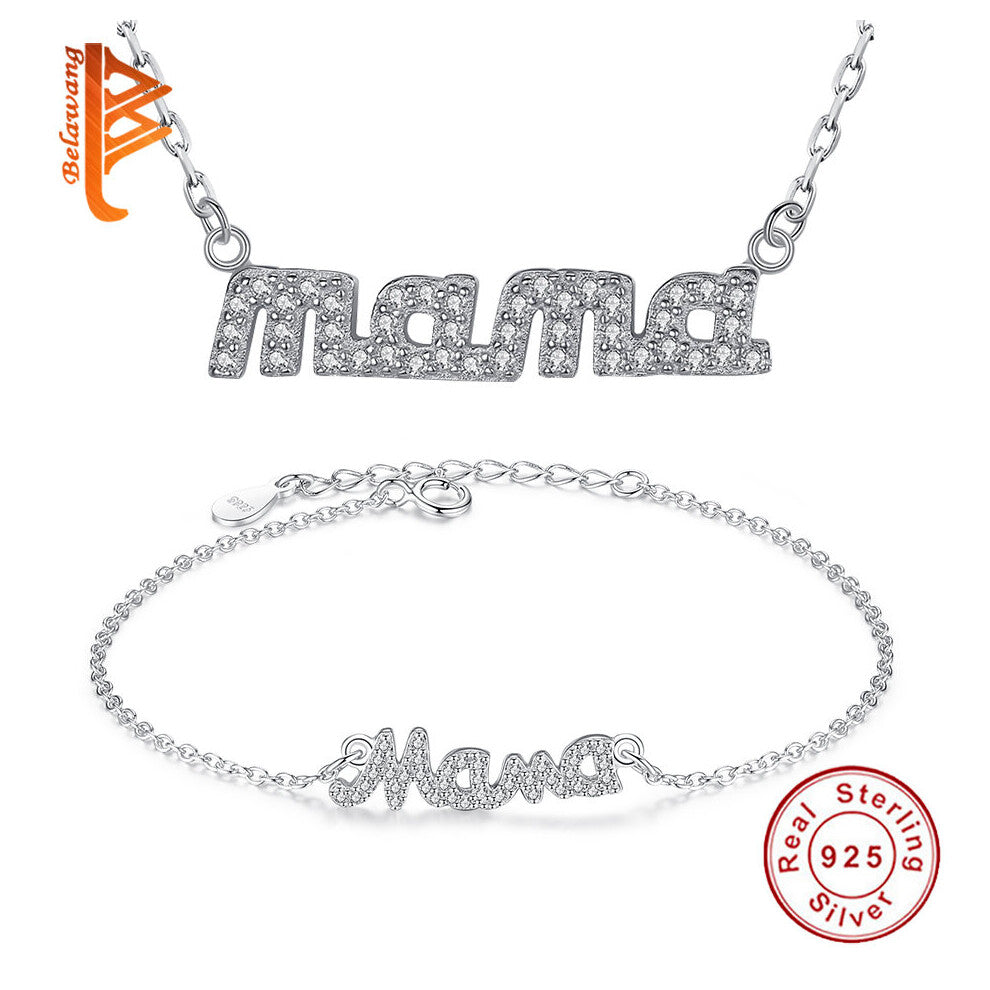 Real 925 Sterling Silver MAMA Necklace&Bracelet Jewelry Sets For Women Wife Jewelry Gift for Mother's