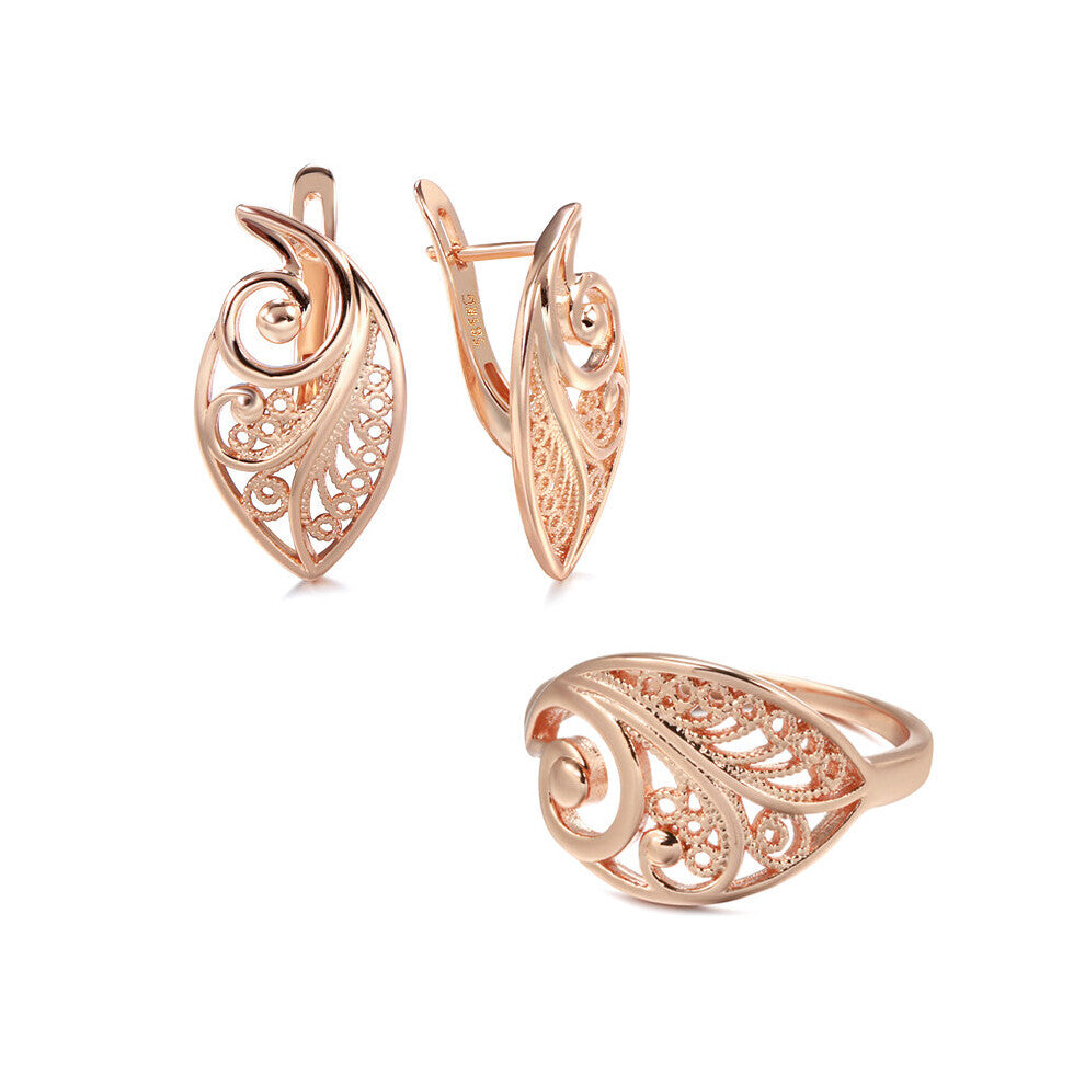 (Black-7) Hot Ethnic Bride Wedding Jewelry Sets 585 Rose Glossy Unusual Hollow Flower Earrings Rings Sets for Women