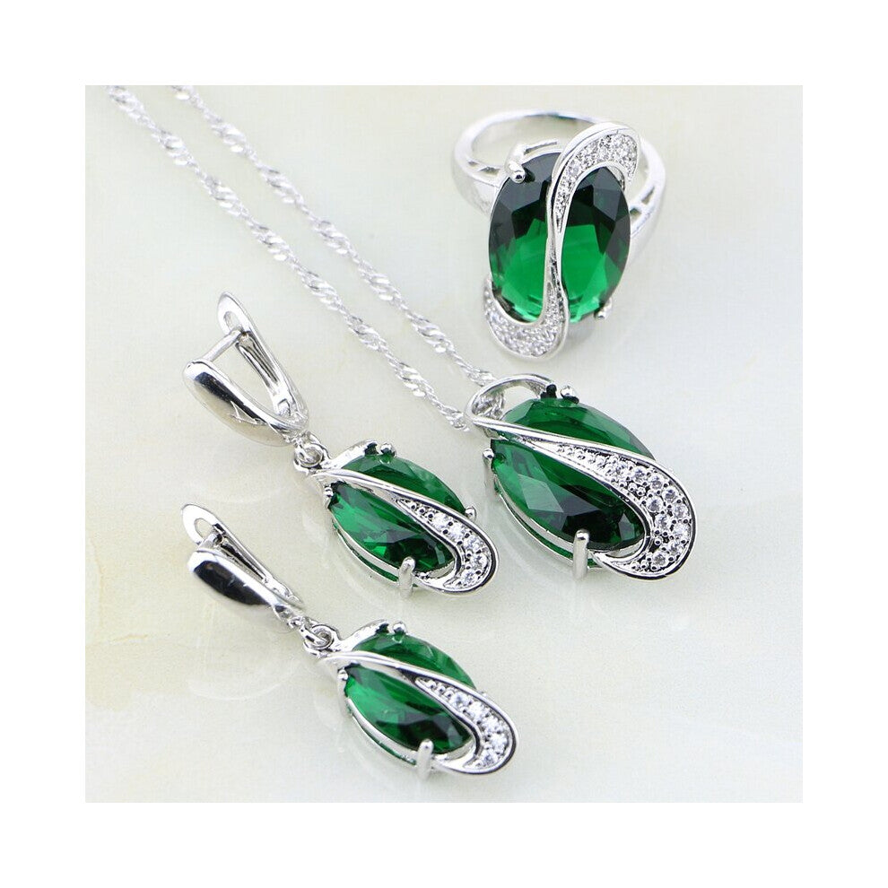 Egg Shaped Green Created Emerald Stones Sterling Silver Jewelry Sets For Women Wedding Earrings-Pendant-Necklace-Ring