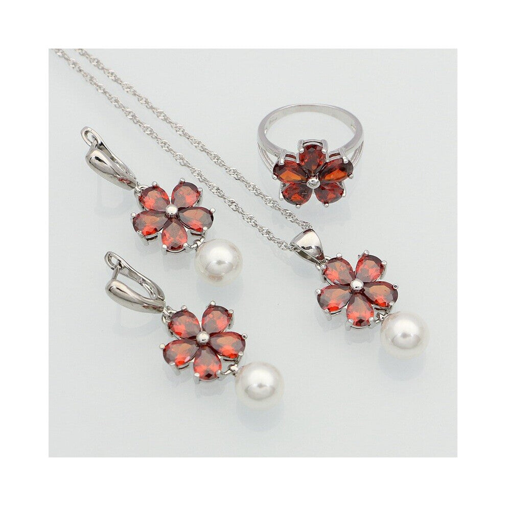 925 Sterling Silver Costume Jewelry Red Garnet Pearls Bridal Jewelry Sets For Women Wedding Earring-Pendant-Necklace-Ring