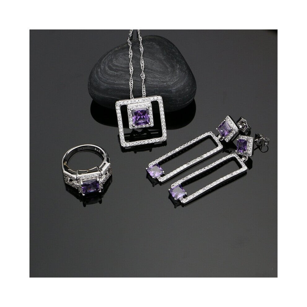 925 Silver Jewelry Sets Purple Cubic Zirconia Crystal Decoration For Women Wedding Earrings-Pendant-Rings-Necklace Set