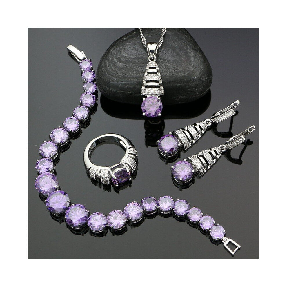 Jewelry Kits for Women Purple Cubic Zirconia Crystal 925 Silver Earrings-Pendant-Necklace-Ring-Bracelet Set
