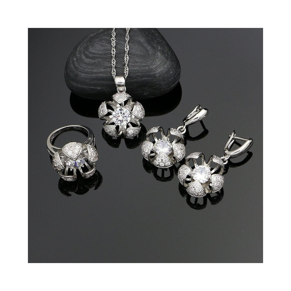 Flower Shaped Silver 925 Jewelry Crystal Jewelry Sets For Women Wedding Earrings-Pendant-Rings-Necklace Set