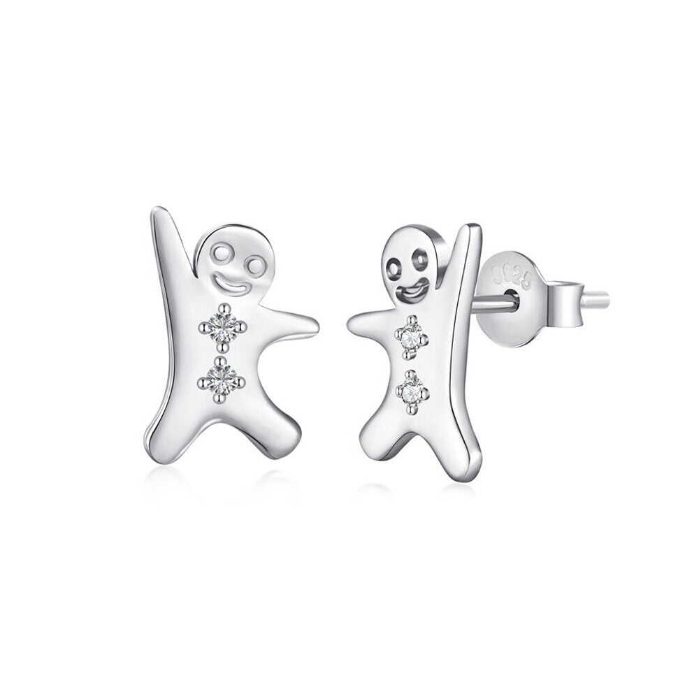 Zircon Christmas Cookie Man Stud Earrings Silver 925 Jewelry Snowman Earrings Women