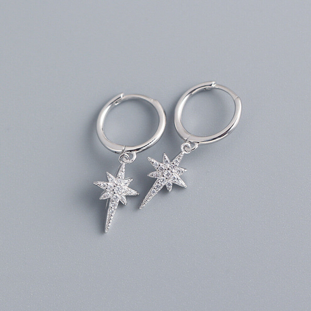 S925 Sterling Silver Eight Pointed Star Zircon Pendant Earrings Hoops Women Party