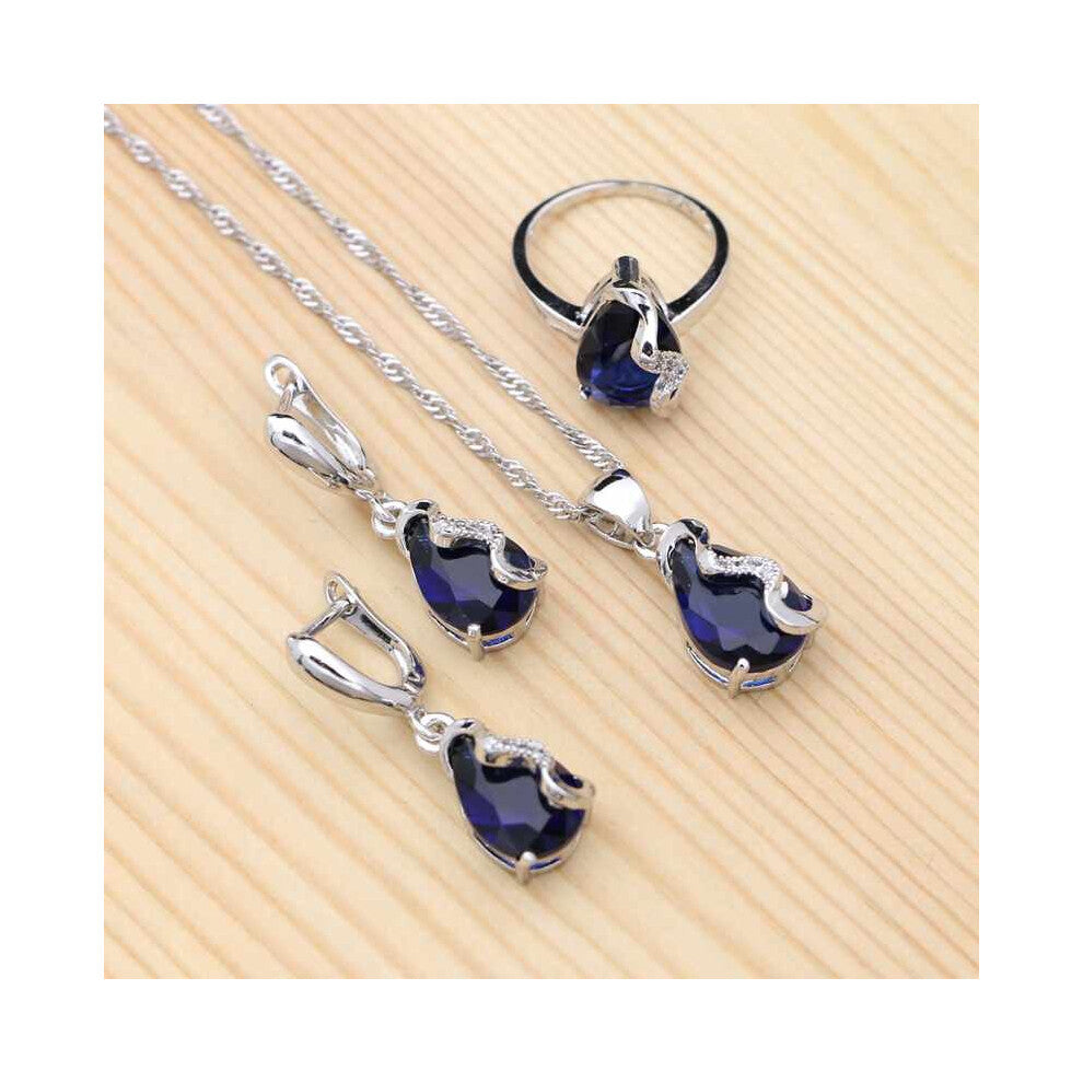 (Blue-6.5) Water Drop Jewelry 925 Sterling Silver Jewelry Sets For Women Cubic Zirconia Necklace-Earrings-Pendant-Ring set