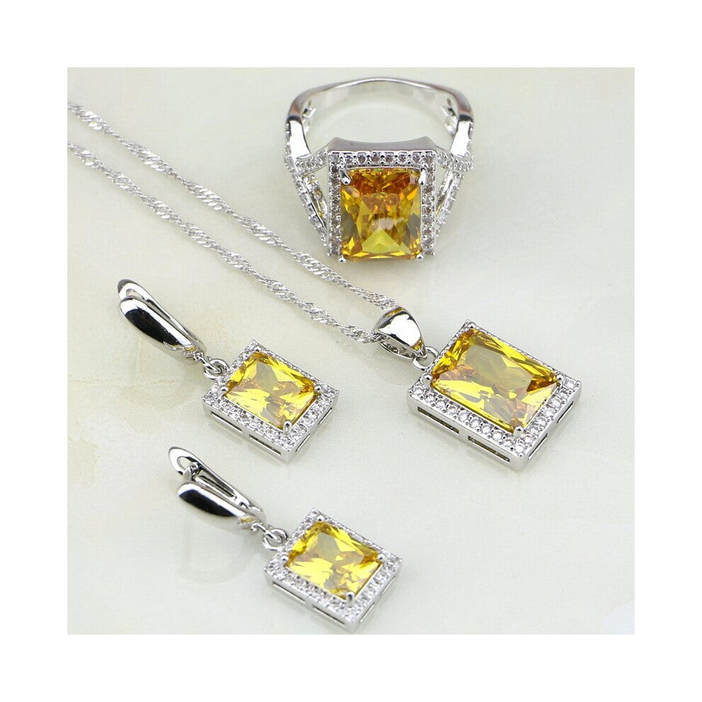 Square 925 Sterling Silver Jewelry Yellow Cubic Zirconia CZ Jewelry Sets For Women Wedding Earring-Pendant-Necklace-Ring