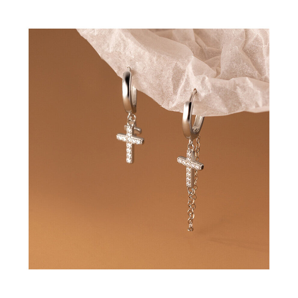 Cubic Zirconia Cross Tassel Chain Circle Hoop Earrings Ear Hoops Female Fine Jewelry for Mother