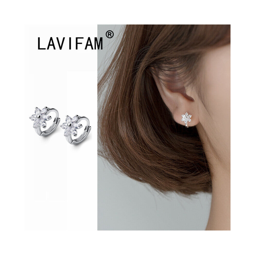 100% Real 925 Sterling Silver Zircons Flower Small Hoop Earrings Huggie Hoops for Women Girls Hypoallergenic Jewelry