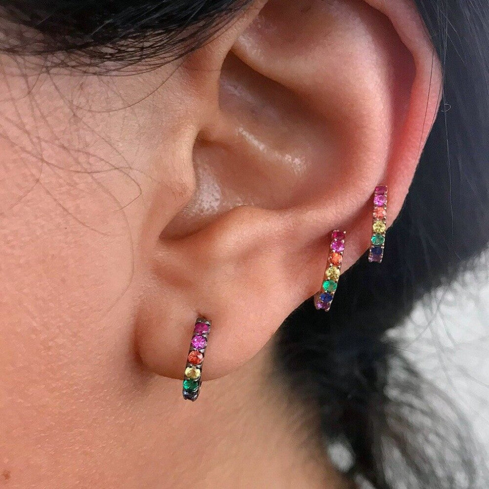 minimal vermeil hoop earring with rainbow colorful cubic zirconia rose 925 sterling silver huggie hoops