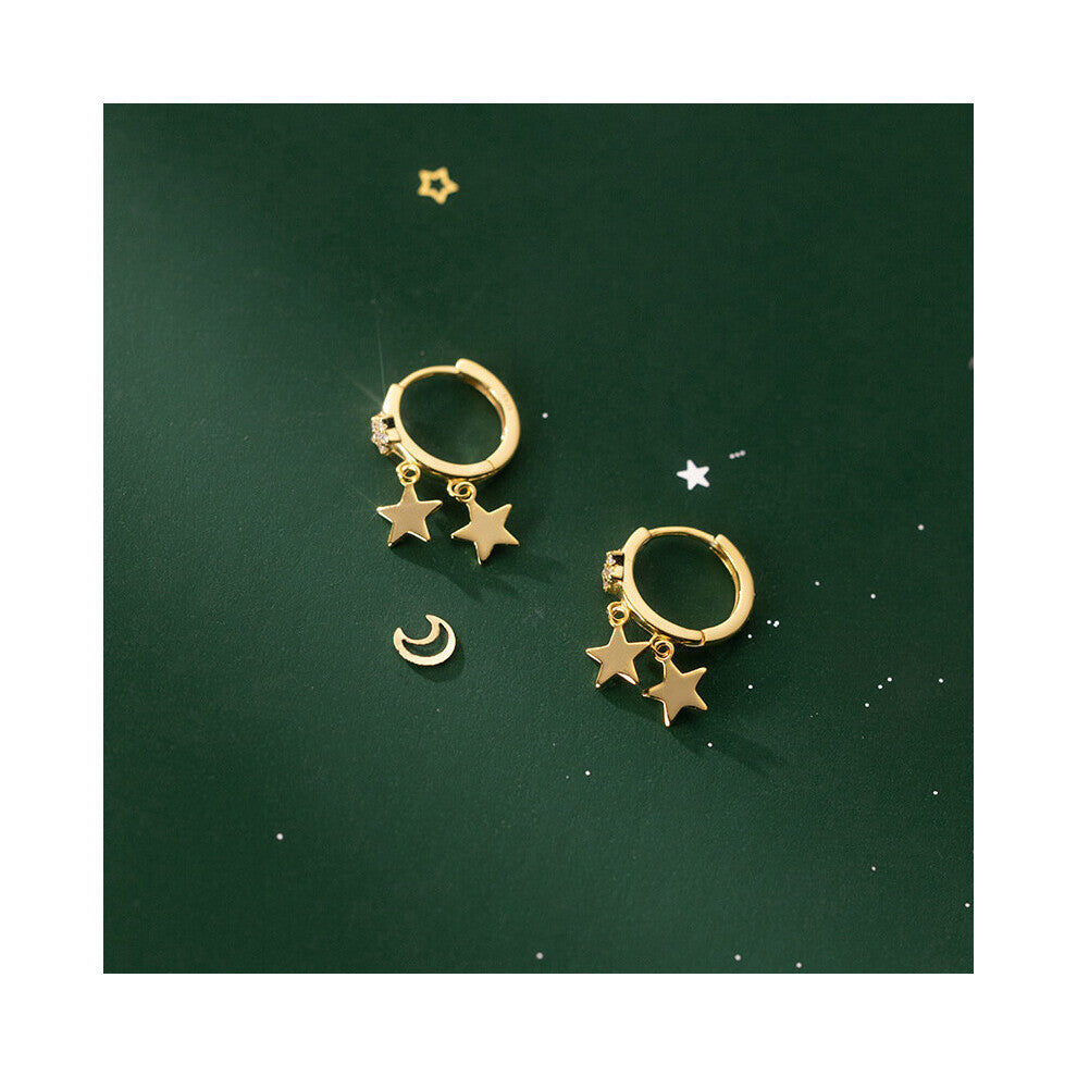 Real 925 Sterling Silver Glossy Star Tassel Hoop Earrings For Women Wedding Gothic Hip Hop Teen Jewelry Gift