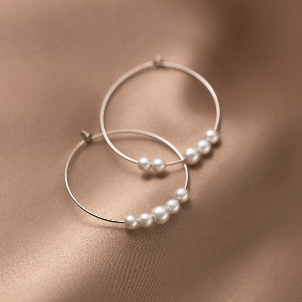 925 Sterling Silver Small Pearls Hoop Earrings Circle Hoops Fine Jewelry for Women