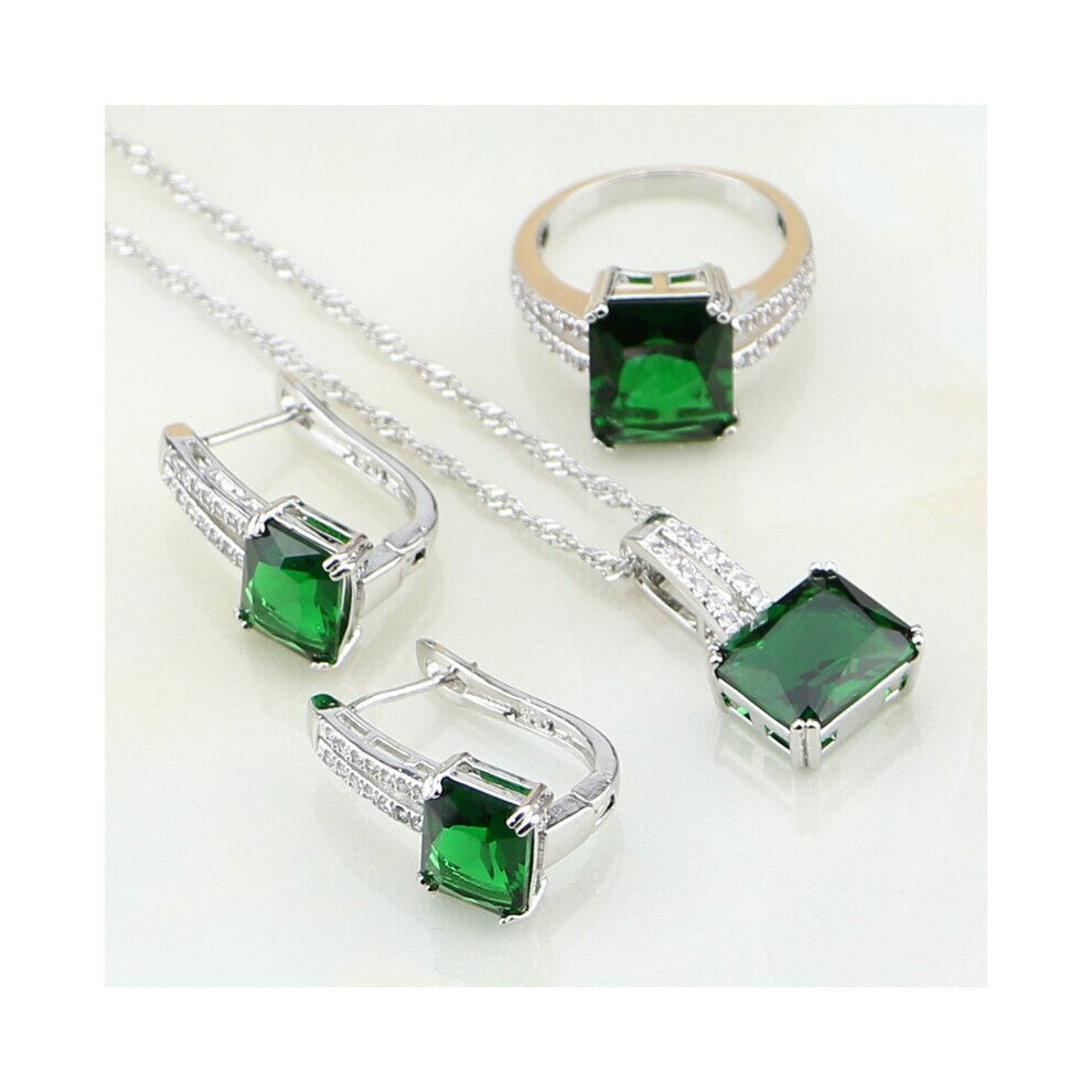 (Green-6.5) Natural Square Green Stones CZ 925 Sterling Silver Bridal Jewelry Sets For Women Wedding Earrings-Pendant-Necklace-Ring