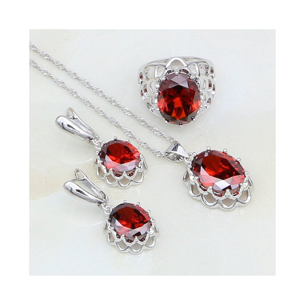 Red Garnet Cubic Zirconia CZ 925 Sterling Silver Jewelry Sets For Women Wedding Earring-Pendant-Necklace-Bracelet-Ring