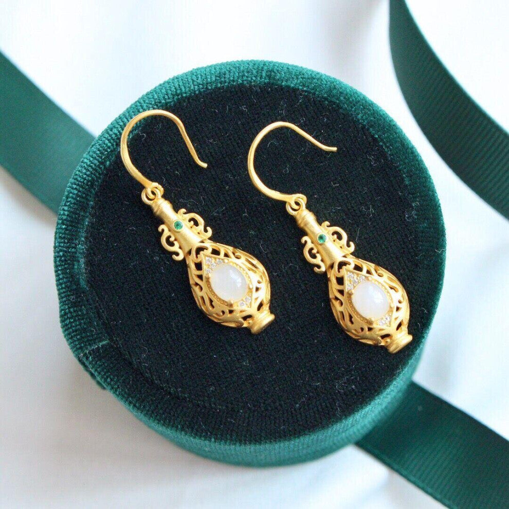 Natural Hetian jade vase shaped ear hook Chinese retro palace unique craft women's silver jewelry