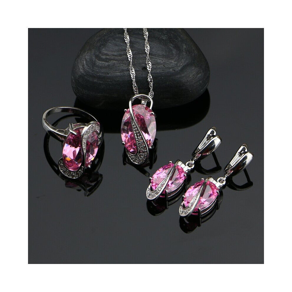 Pink Cubic Zirconia Zircon 925 Sterling Sliver Jewelry Sets For Women Wedding Earrings-Ring-Necklace