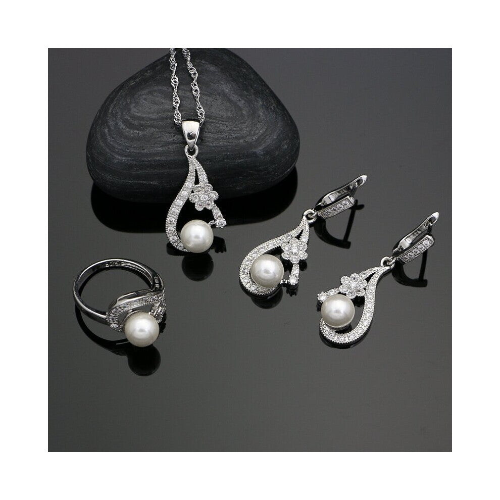 Freshwater Pearls Silver 925 Bridal Jewelry Sets Flower CZ Decoration For Women Wedding Earrings-Pendant-Ring-Necklace Set