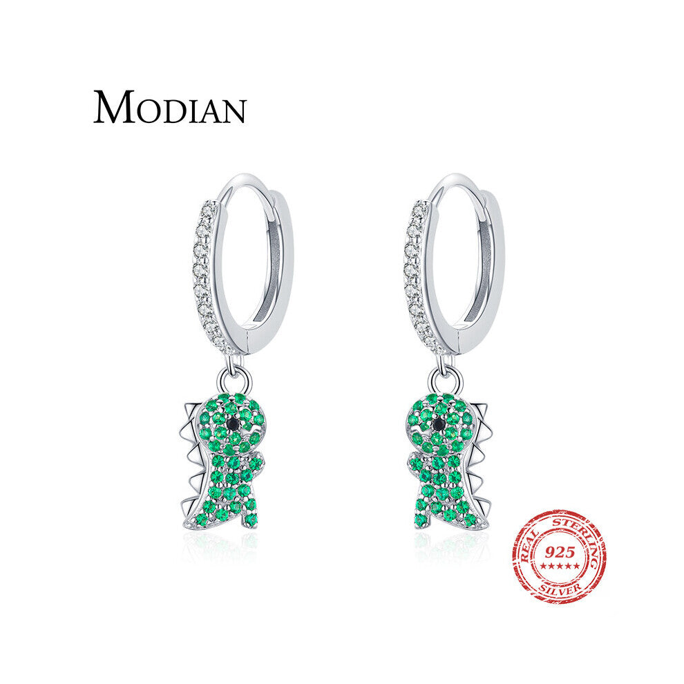 100% Real 925 Sterling Silver Animal Dinosaur Swing Drop Earrings Clear CZ Dangle Ear For Women Fine Jewelry