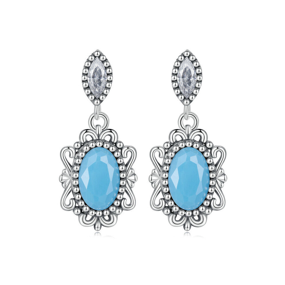 925 Sterling Silver Vintage Flower Turquoise Drop Dangle Earrings For Women Hoops Wedding Party Jewelry Gift