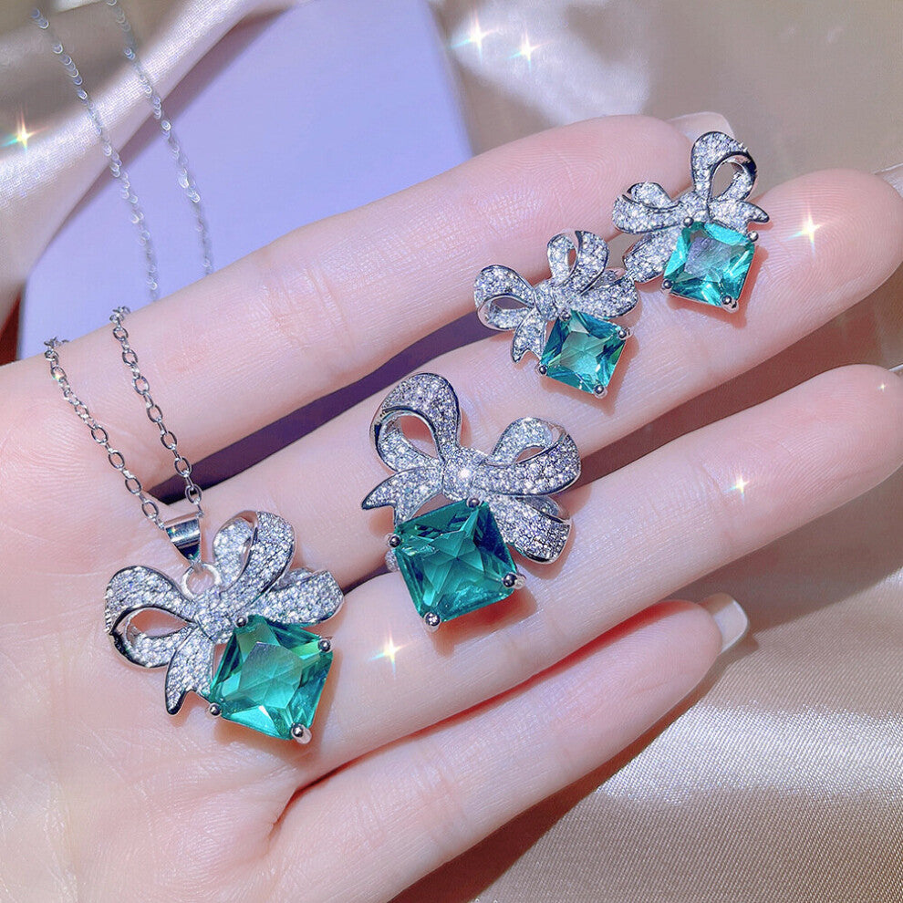 Classic Bowknot Emerald Ring 925 Sterling Silver Rainestone Pendant Necklace-Earring Women Jewelry Sets