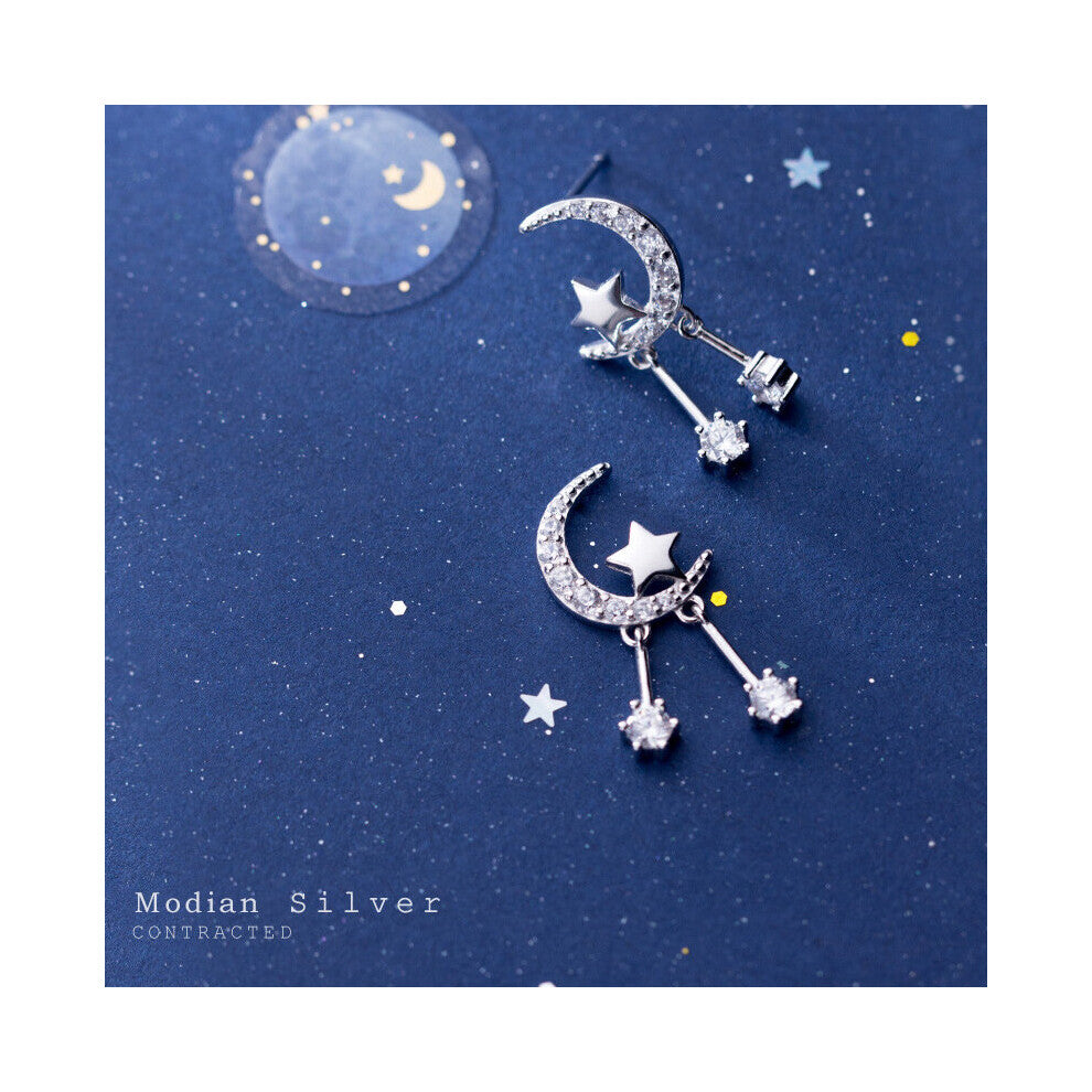 Moon & Stars Swing Zircon Stud Earrings 100% 925 Sterling Silver Romantic Earring For Women Christmas Jewelry Gift