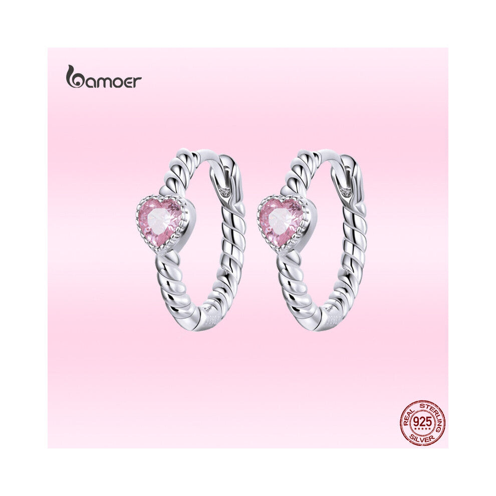 Pink Romantic Love Earrings 100% 925 Sterling Silver Lucky Ear Hoops for Women Heart Shape Zircon Jewelry