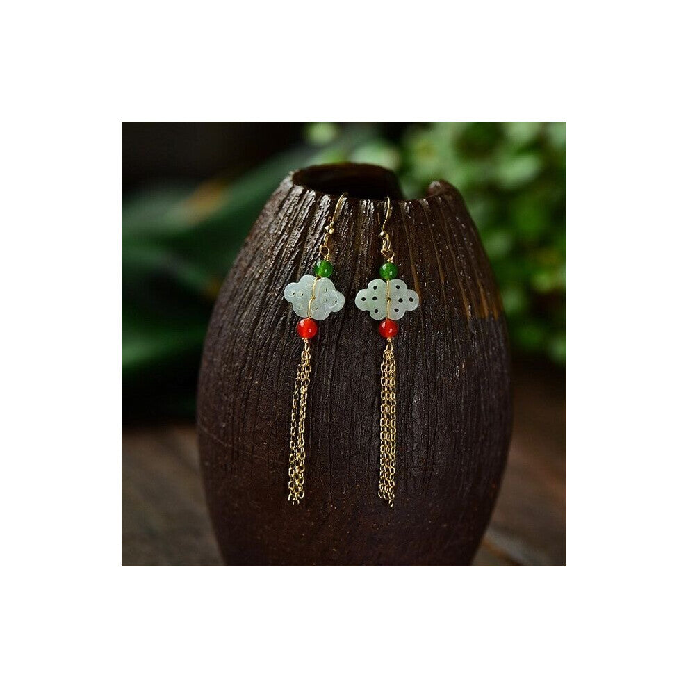 925 Silver Natural Jade Emerald Chinese knot Swing Earrings Charm Jewellery Accessories Hand-Carved Woman Amulet