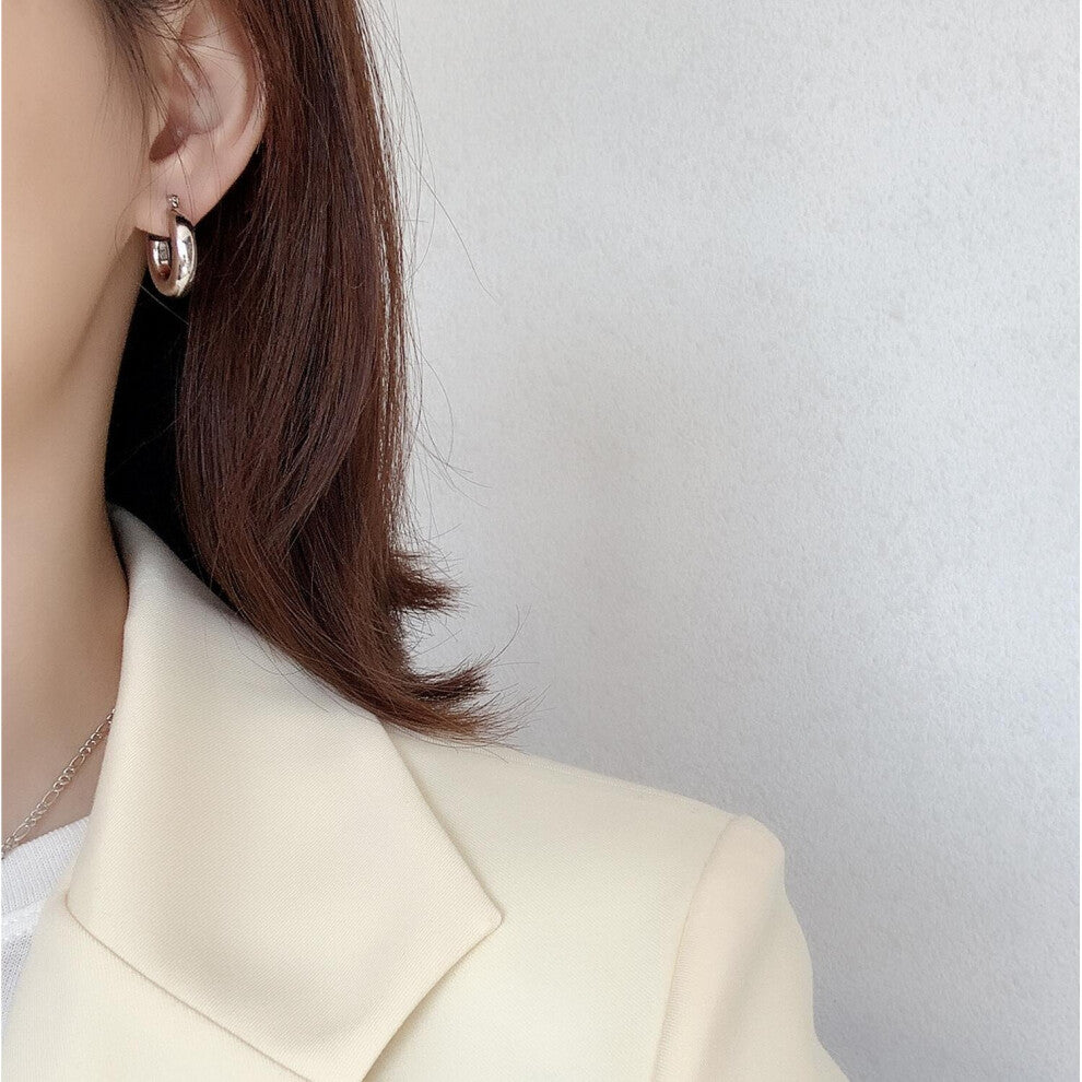 100% 925 Sterling silver Heavy Industry Glossy Round Tunnel Earring Geometric Hoop Huggie Earrings Buckle C-C704