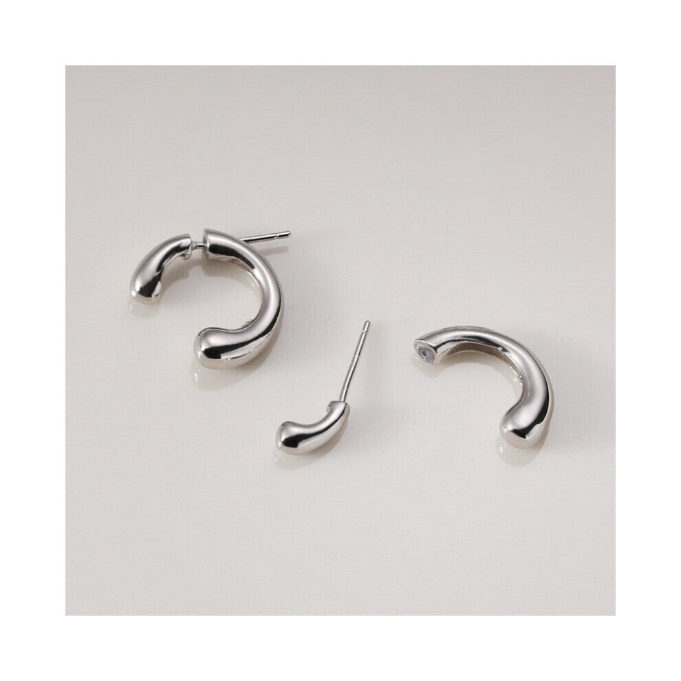 Real 925 Sterling Silver Back Hang C Shape Stud Earrings for Women Glossy Removable Earrings Aesthetics Jewelry