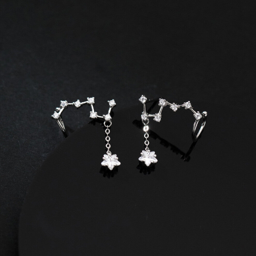 Real 925 Sterling Silver Big Dipper Ear Cuffs Wraps Star Zircon Pierced Earrings Dainty Jewelry for Women