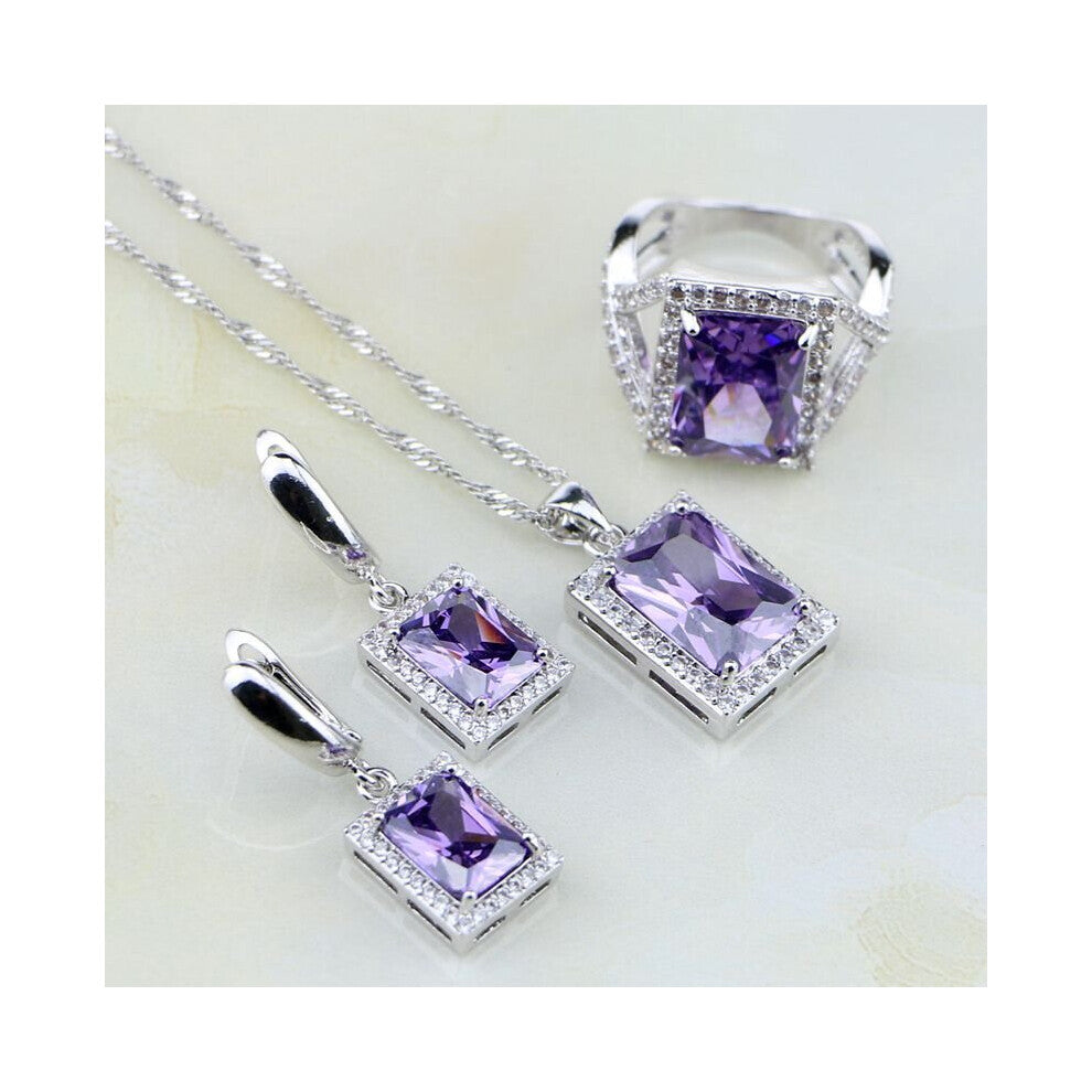 Square Natural Purple Zircon Australian Crystal 925 Silver Jewelry Sets For Women Wedding Earrings-Pendant-Necklace-Ring