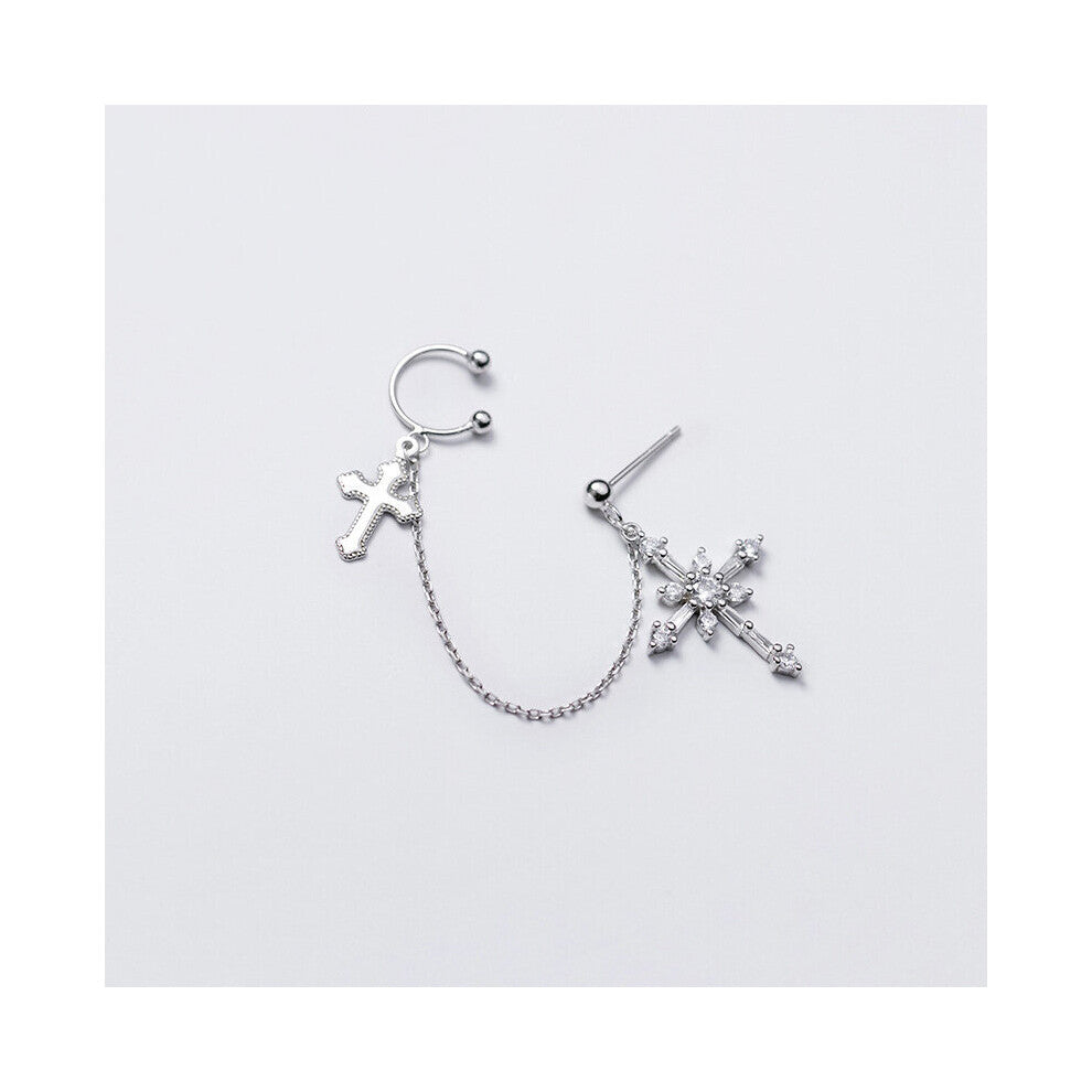 1 pc Real 925 Sterling Silver Cross Earrings Zircon Crucifix Pierced Ear Cuffs Tassel Cartilage Fine Jewelry for Women