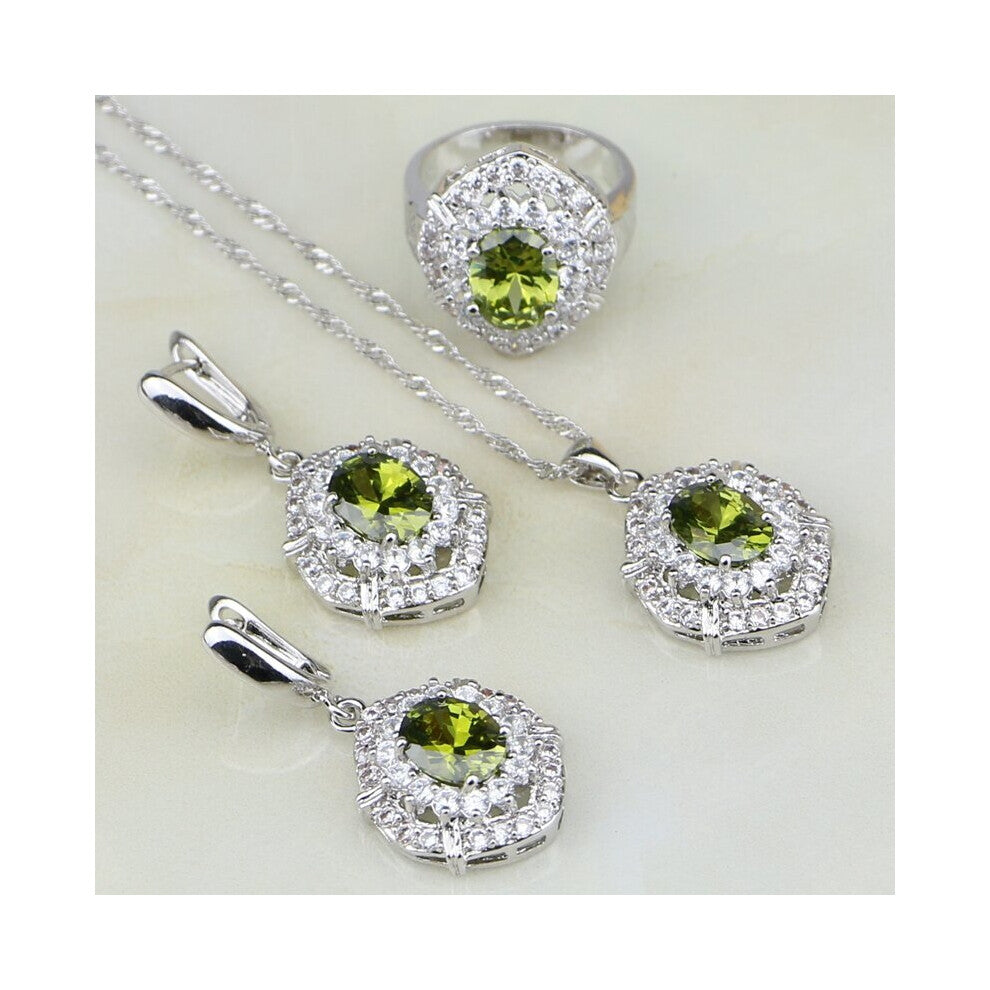 Olive Green Cubic Zirconia Zircon 925 Sterling Silver Jewelry Sets For Women Wedding Earrings-Pendant-Necklace-Ring
