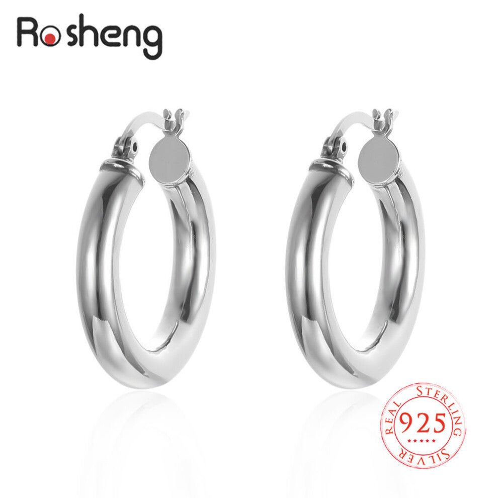 925 Sterling Silver Tone Women Chunky Hoops Earrings Gift Jewelry Round Smooth Thick Hoop