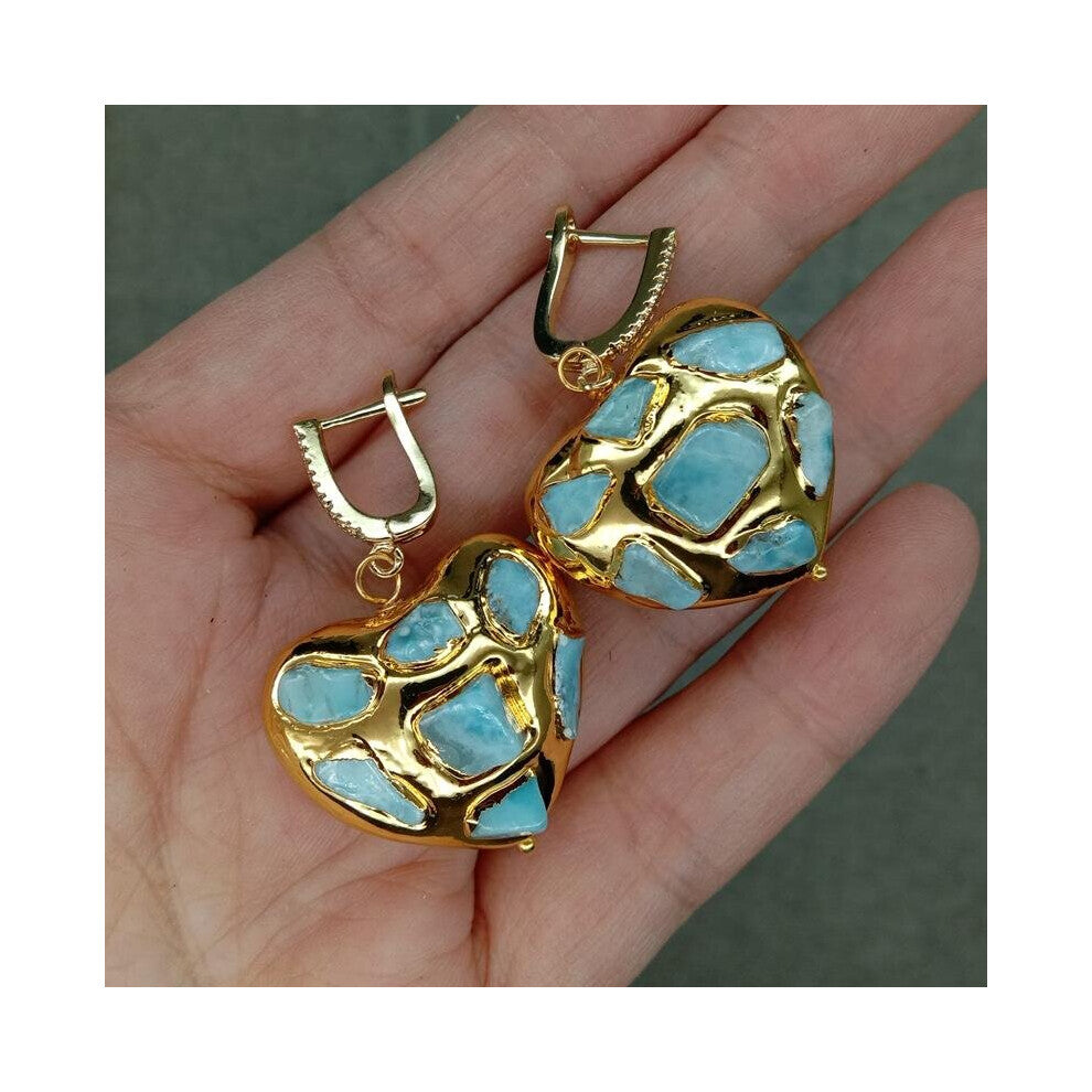KKGEM 24x28mm Natural Larimar Chips Pave Heart Shaped Yellow Dangle LeverBack Earrings