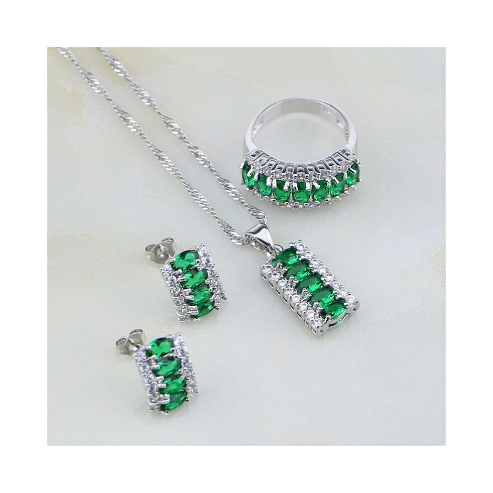 (Green-7) Green Cubic Zirconia Crystal 925 Sterling Silver Jewelry Sets For Women Wedding Stud Earrings-Pendant-Necklace-Ring