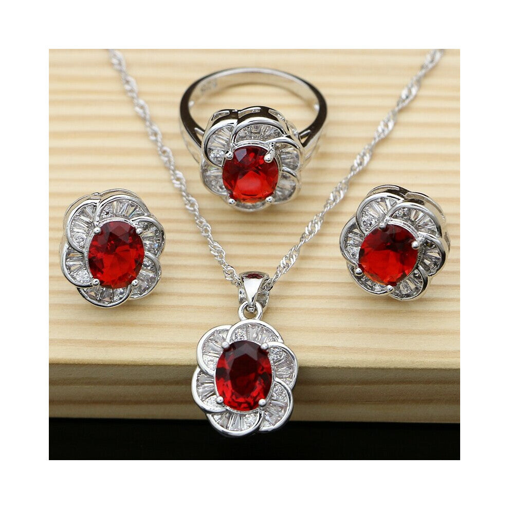 Natural Red Aarnet Zircon Women 925 Sterling Silver Jewelry Sets Earrings-Pendant-Necklace-Rings Boite Cadeau T045