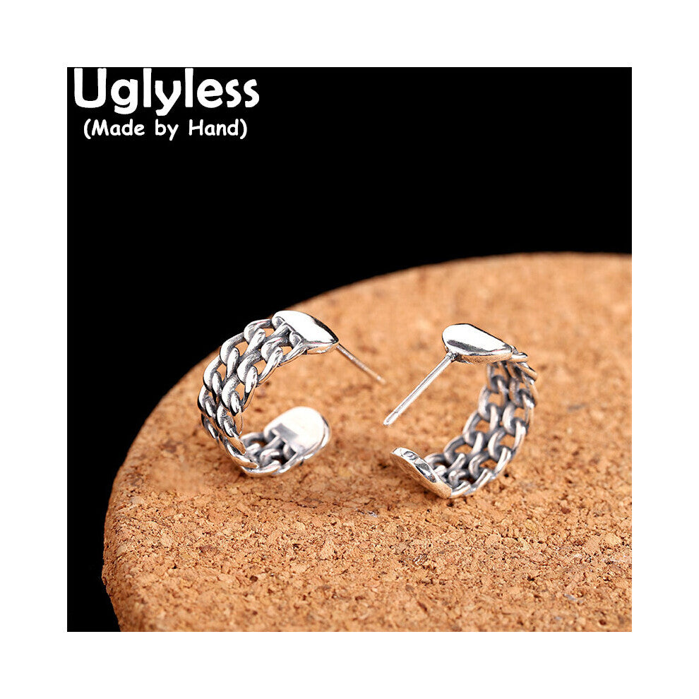 Thai Silver Link Chains Studs Earrings for Women Curved 925 Sterling Silver Brincos Girls Jewelry Glossy Silver