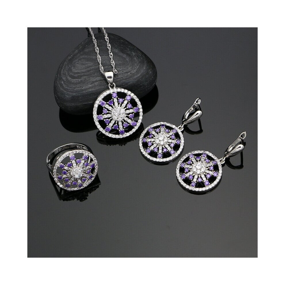 (Purple-7) 925 Silver Jewelry Sets Natural Purple Cubic Zirconia Stone Decoration For Women Wedding Earrings-Pendant-Rings-Necklace Set