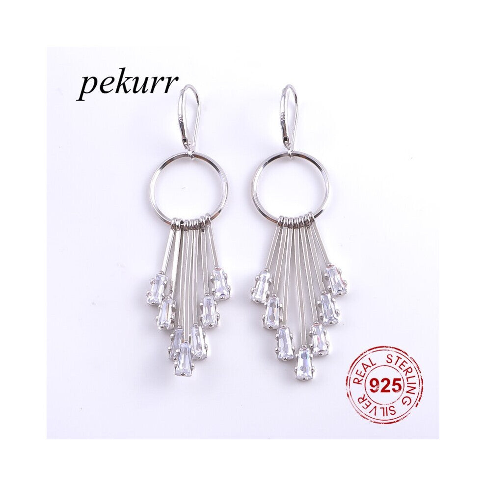 925 Sterling Silver Zircon Gems Long Strip Curtain Drop Earrings For Women Round Hoop Long Dangle Earring Jewelry