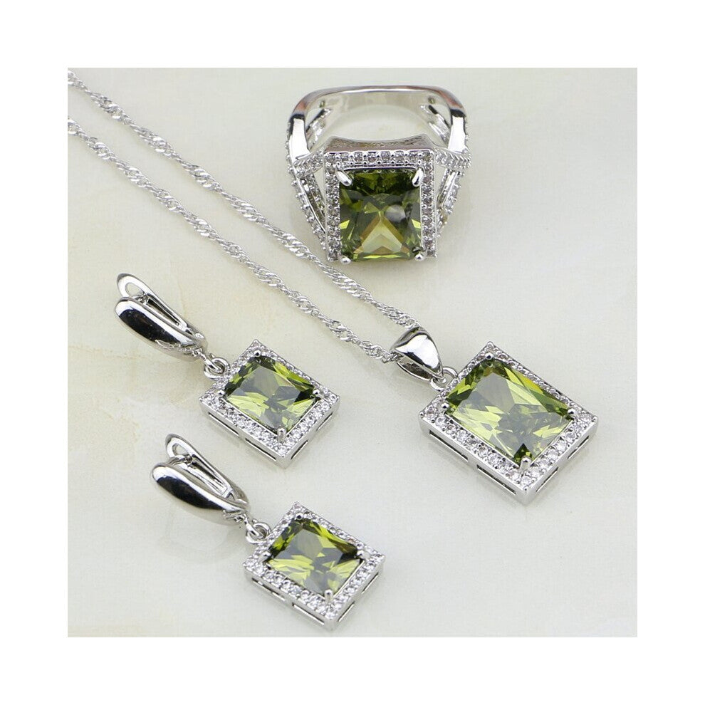 925 Sterling Silver Jewelry Olive Green Cubic Zirconia CZ Jewelry Sets For Women Wedding Earrings-Pendant-Necklace-Ring